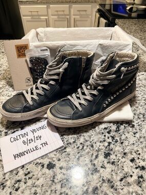 Golden Goose Slide Black Leather High-Top Sneakers with Silver Studs